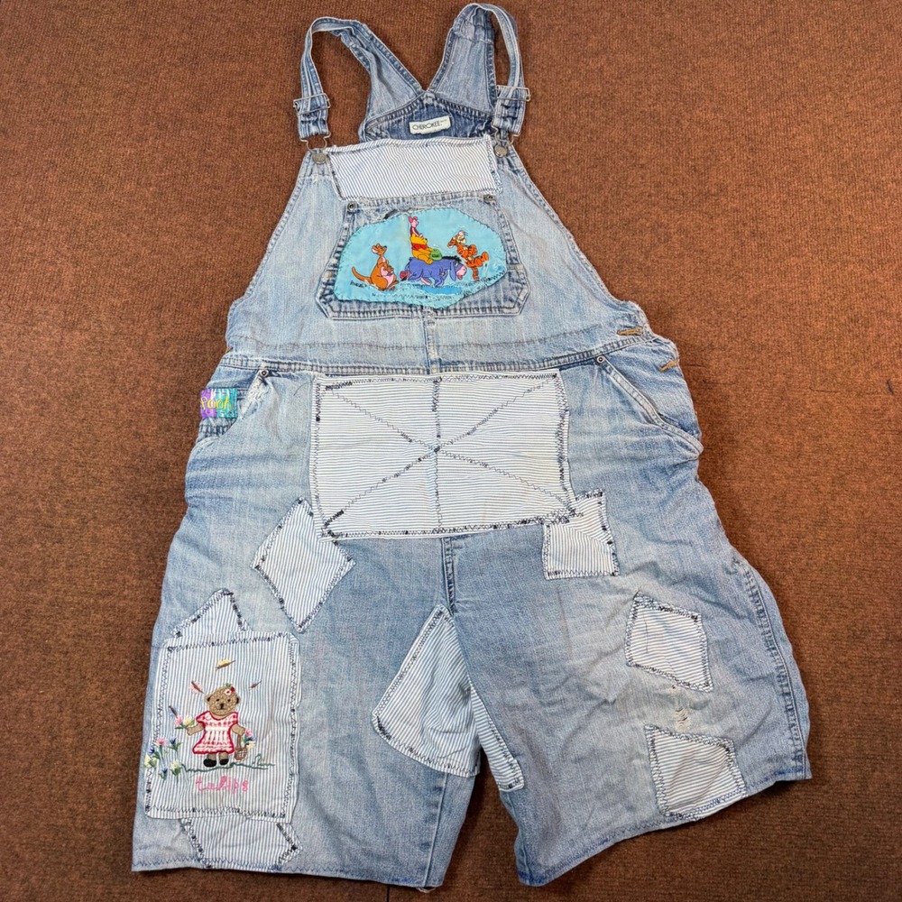 Cherokee Winnie the Pooh Patchwork Denim Shortalls Womens Light Wash A- cute!